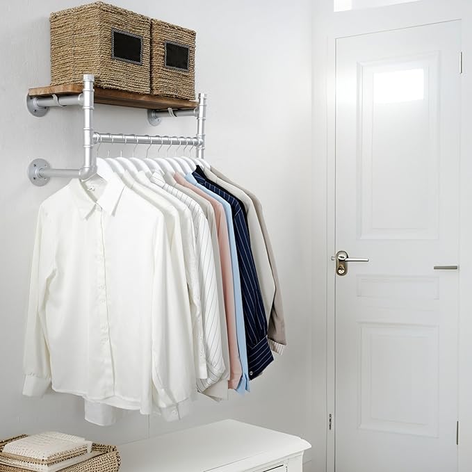 WEBI Wall Mounted Clothes Rack with Shelf,24" Industrial Pipe Clothing Rack with Shelf with Hanging Rod,Heavy Duty Iron Garment Rack Bar,Retail Display Clothes Rod for Laundry Room,Closet,Silver
