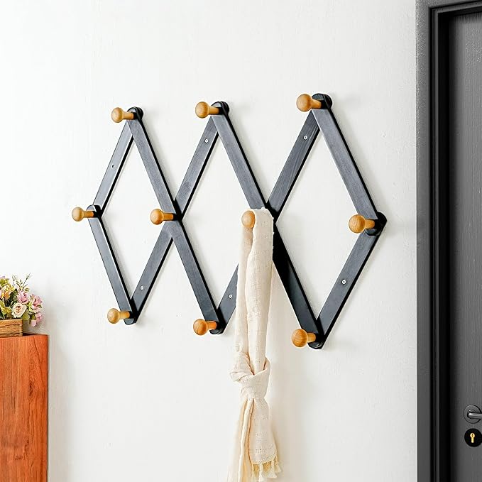Dseap Expandable Coat Rack (Larger Version) - 24” High, Anti-Slip, Ultra Heavy Duty Wooden Accordian Wall Hanger with 10 Study Peg Hooks for Clothing Hats Jackets Bags, Black/Natural