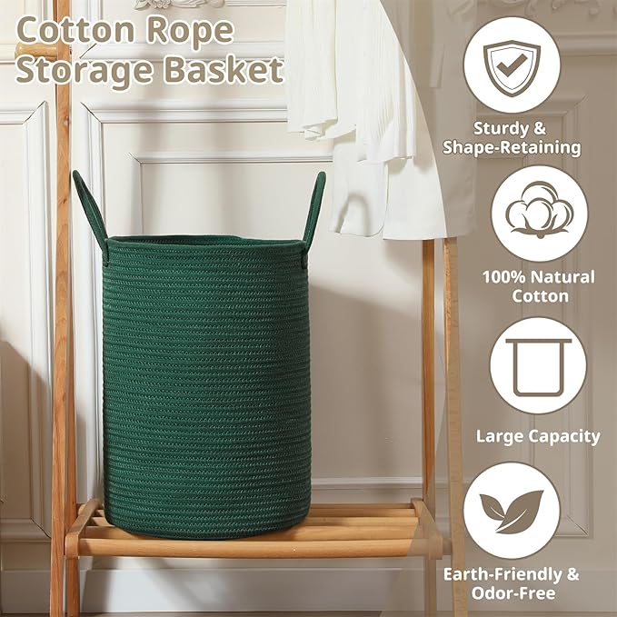 60L Large Woven Laundry Basket Hamper, 100% Natural Cotton Rope, Handwoven & Durable, Storage for Blankets, Toys, Clothes, Decorative Nursery Hamper for Living Room, Baby Room, Bedroom (Dark Green)