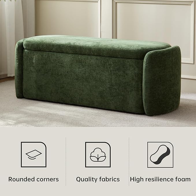 VKNOW Oval Storage Ottoman Bench, 46" Upholstered End of Bed Bench Ottomans Bench Foot Rest, Sherpa Storage Bench for Bedroom, Living Room and Hallway, Green