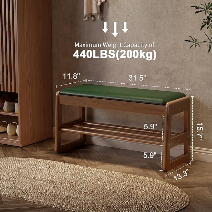 AQIMUELE Shoe Rack Bench,2 Tiers Shoe Bench with Storage with Flip-Top,Wood Shoe Rack for Entryway,Hallway（Green Upholstered Seat）