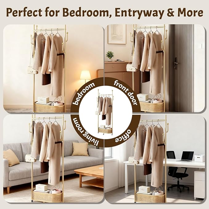 Coat Rack Freestanding Clothing Rack with Wheels & 1 Storage & 4 Hooks Heavy Duty Clothes Rack for Corner Bedroom Entryway Living Room Hotel (Gold)
