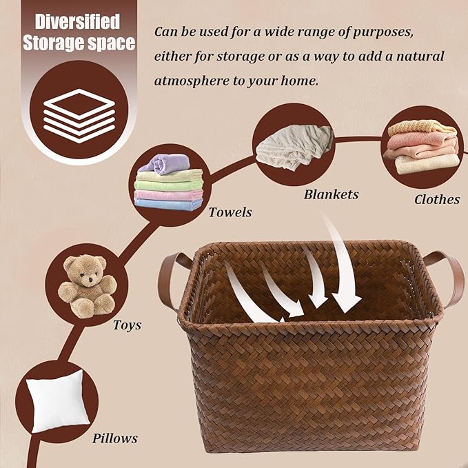 BROWNLILY Handwoven Clothes Basket Laundry Hampers Large Wicker Storage Baskets for Shelves Blankets Closet Storage Bins Car Bedroom Bathroom Organizers and Storage Bath (8, Brown)