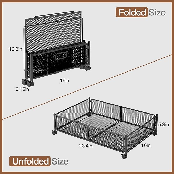Under Bed Storage with Wheels, Foldable Metal Mesh Underbed Storage Container Bins, Tool-free Assembly Clothes Drawer Organizer,2Pack