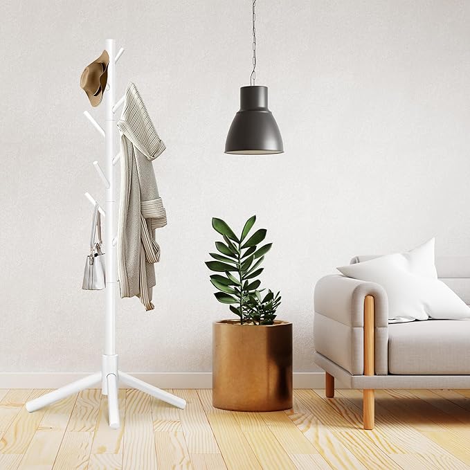 Durable Wooden Coat Rack, Freestanding Coat Rack with Stable Triangular Base, 8 Hooks & 3 Adjustable Heights, Simple Assembly for Bedroom, Hallway, Office(New White)