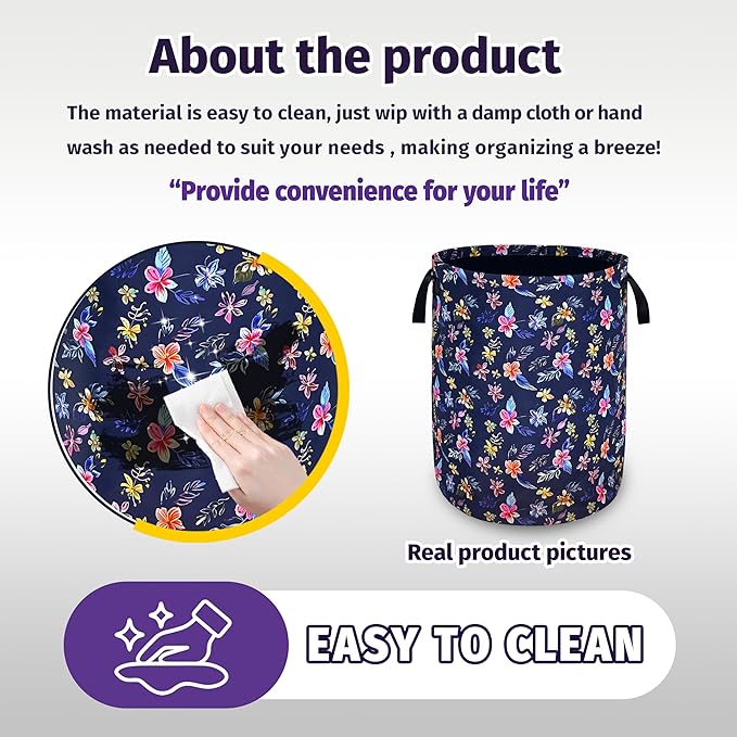 Flowers Laundry Basket Foldable Oxford Cloth With Handle Portable Colorful Storage Basket Organizer Suitable For Laundry Room/Bedroom/Living Room/Children'S Room (18.9 X 16.5 Inch)