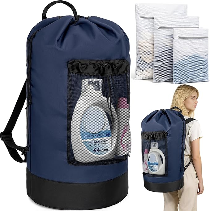 Laundry Bag Backpack with 3 Sizes Mesh Wash Bags and Shoulder Straps Foldable Clothes Hamper Bag with Drawstring Closure for College, Apartment, Laundromat (Dark Blue)