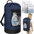 Laundry Bag Backpack with 3 Sizes Mesh Wash Bags and Shoulder Straps Foldable Clothes Hamper Bag with Drawstring Closure for College, Apartment, Laundromat (Dark Blue)