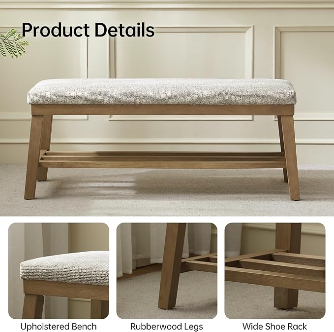 VKNOW Entryway Bench, 44.4" Upholstered Storage Shoe Bench for Entryway & Bedroom, Shoe Rack Bench with Rubberwood Legs, Modern End of Bed Bench for Living Room and Hallway, Brown
