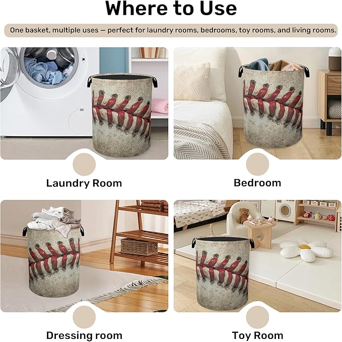 Baseball Laundry Basket with Handles - Extra Large Foldable Hamper for Bathroom/Laundry/Bedroom/Dorm, Washable Fabric Storage Bin