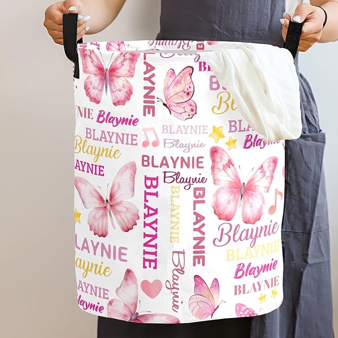 Large Custom Name Laundry Hamper, Butterfly Personalized Dirty Clothes Hamper Storage Basket with Name for Bathroom Bedrooms, Customized Name Circular Hamper with Handles for Baby Boys Girls Men Women
