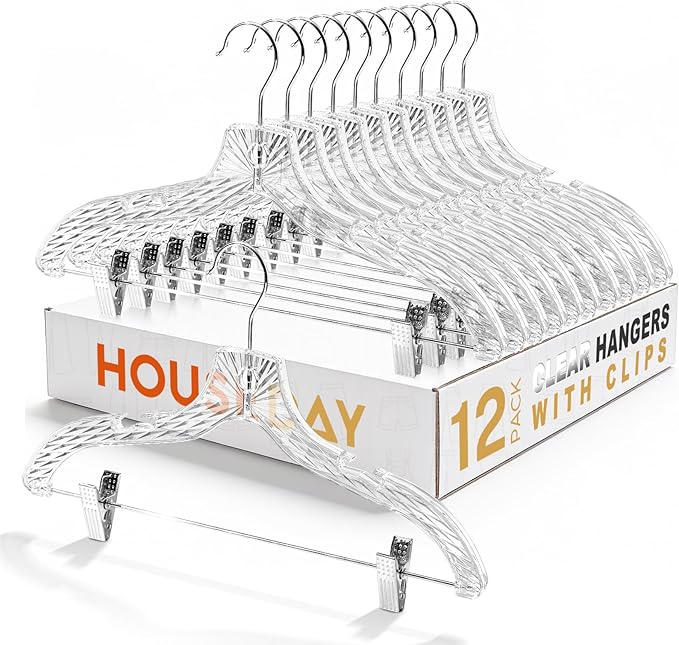 HOUSE DAY Clear Plastic Pants Hangers 12 Pack, Set Hanger for Tops and Bottoms, Non Slip Skirt Hangers with Adjustable Clips, Shoulder Notches, 360° Swivel Hook