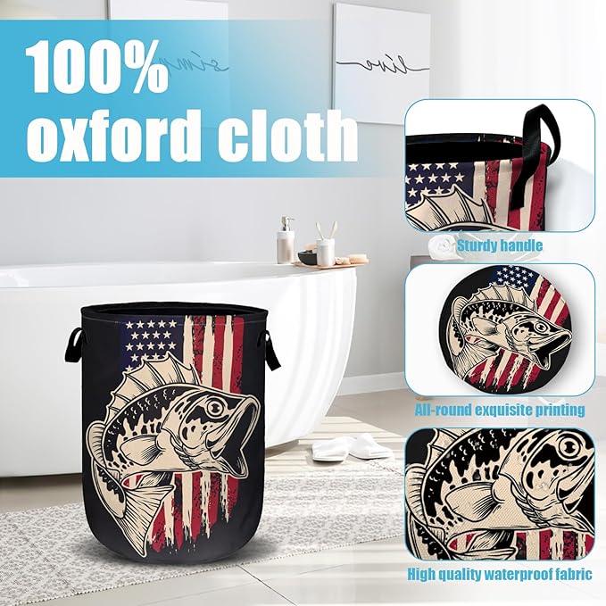 American Flag Bass Fish Laundry Basket, Laundry Hamper Collapsible Oxford Cloth with Handle Clothes Toy Storage Bin for Bathroom Laundry Room Bedroom 15.7 X 20 Inch