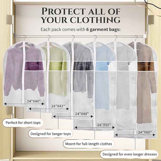 Clear Garment Bags for Hanging Clothes, Dress Bags Suit Bags for Closet Storage, Zippered Clothes Cover, Hanging Garment Bags Dance Costumes Clothing Protector - 43"(4 pc) 55"(2 pc) 6 pack