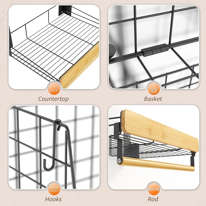 Wall Mounted Laundry Room Shelves, Wire Baskets with 8 Hooks and Hanging Rod, Over The Washer and Dryer Shelf, Drying Rack, Laundry Room Organizer and Storage, 2 Pack Black
