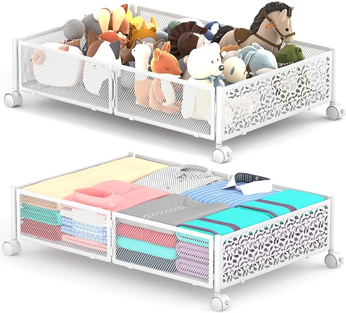 Under Bed Storage with Wheels, 2 Pack Foldable Metal Under Bed Storage Containers, 60L Rolling Underbed Storage, Easy Assembly Under The Bed Storage for Bedroom Clothes Shoes Blankets