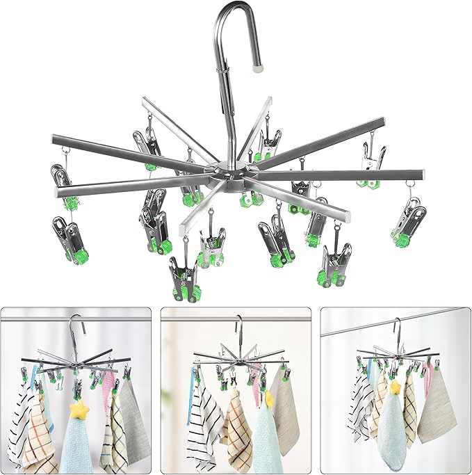 Drying Hanger, Hanging Drying Rack, Drip Hanger Stainless Steel with 16 Pegs for Laundry Underwear Socks, Quickly Remove Clothes from Hanger, Windproof, Folding Portable, (Green)