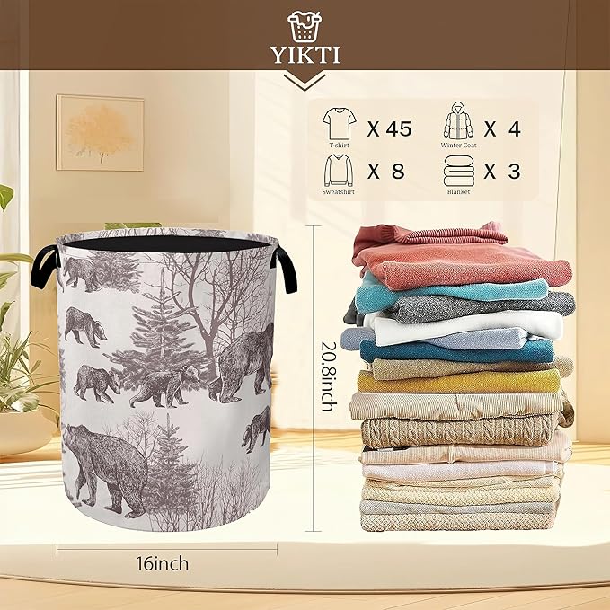 Forest Bear Laundry Hamper,Vintage Animal Clothes Hamper for Laundry,Waterproof Oxford Toy Storage Collapsible Hampers for Bedroom, Dorm Room,Bathroom,16x20 Inch