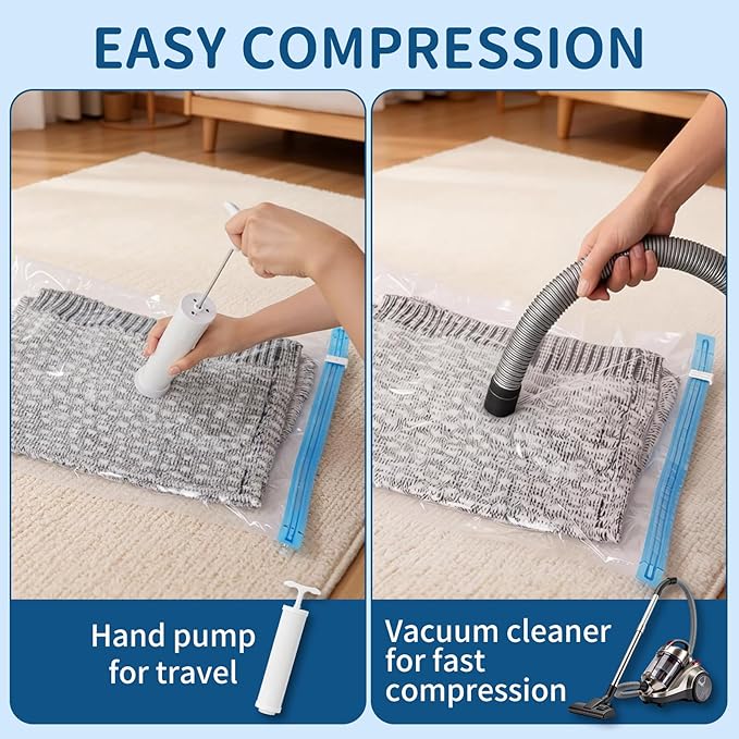 7 Pack Vacuum Storage Bags with Pump, 2 Roll-Up 1 Small 1 Medium 1 Large 1 Jumbo 1 Super Jumbo, Heavy Duty PA+PE, Reusable Vacuum Seal Bags for Clothing, Travel & Home Storage