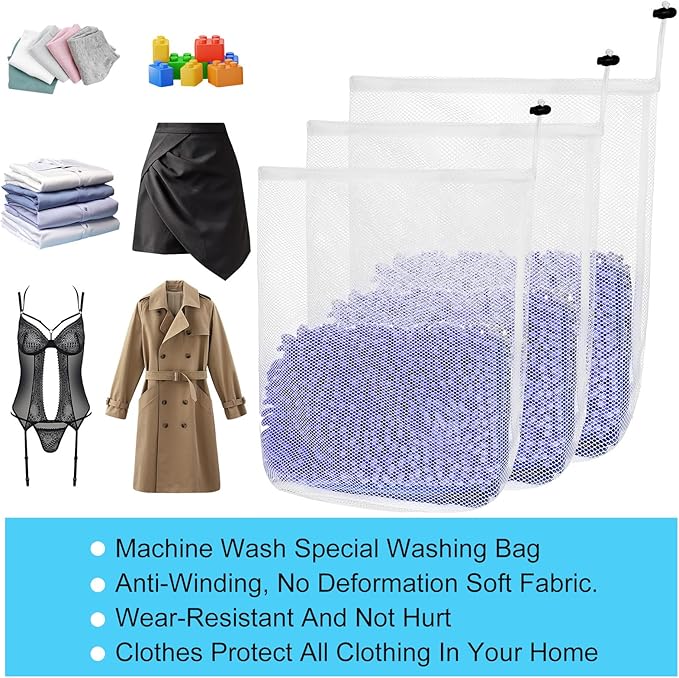 Thinp 3 Pcs Mesh Laundry Bags with Drawstring, Mesh Wash Bags Garment Bag for Washing Machine Heavy Duty Net Washing Bag Net LaundryBag for Dormitory College Apartment Travelling Camping (White)
