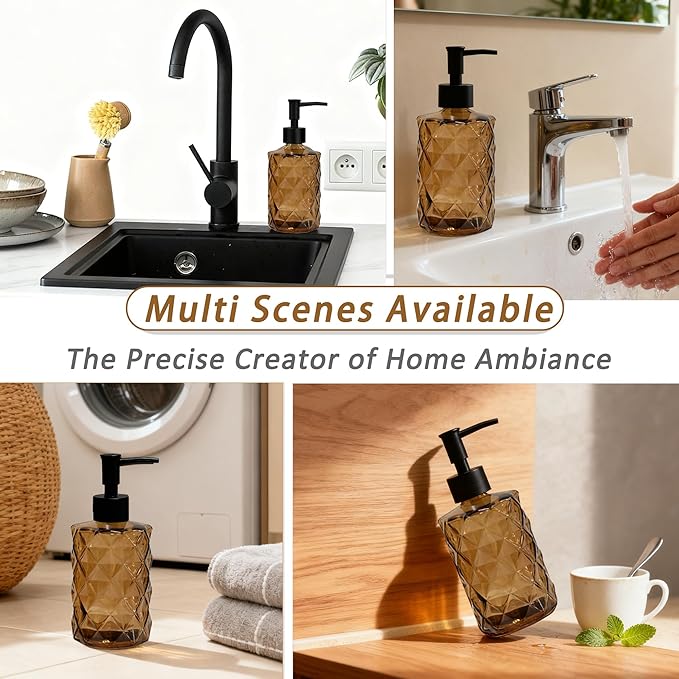 Brown Soap Dispenser, 12oz Black Pump Green Glass Soap Dispenser, Refillable Hand Liquid Dispenser Set, Lotion Dish Dispenser for Modern Home Decor, Bathroom, Kitchen Countertop(2 Pack)
