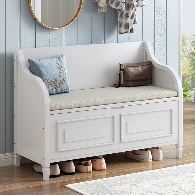 42" Rustic Storage Bench Entryway Bench Shoe Cabinet Ottoman with Safety Hinge, Removable Seat Cushion & Hidden Storage Space for Hallway Entryway Living Room Mudroom End of Bed (White)