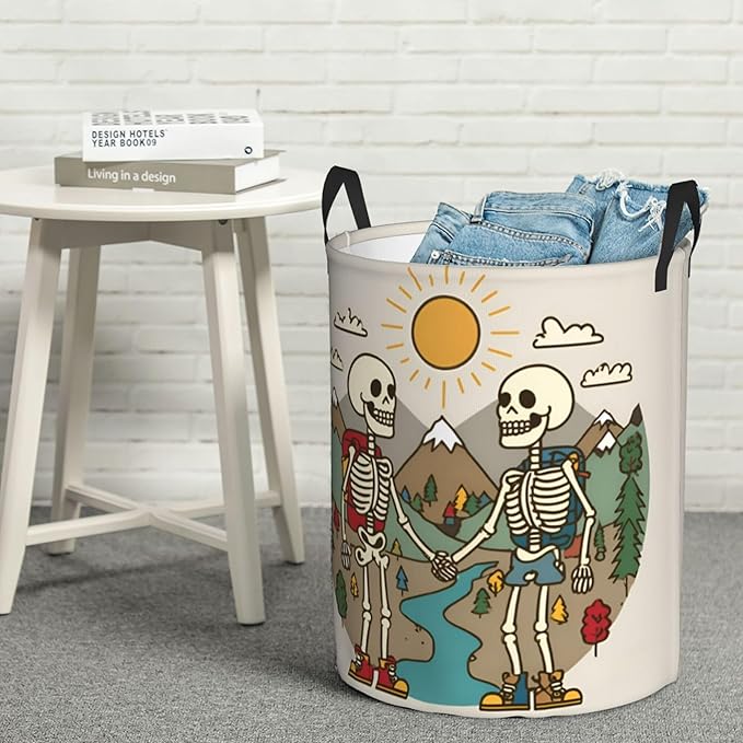 Skeleton Mountain Design Laundry Basket, Foldable Oxford Cloth Funny Tote Bag Laundry Hamper Clothes Storage Bucket Organizer, For Bathroom/Laundry Storage/Bedroom 19.6x15.7 Inch