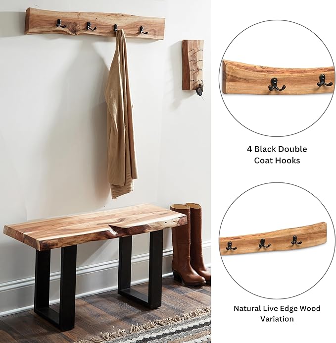 Alaterre Furniture Alpine Natural Live Edge Wood Coat Rack – 36 Inch Solid Wood Wall-Mounted Coat Hook with 4 Double Hooks – Modern Farmhouse Storage Organization for Entryway, Hallway, or Mudroom