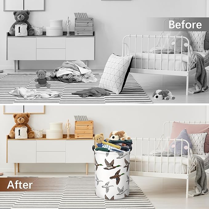 Mallard Duck Laundry Basket, Collapsible Waterproof Oxford Cloth Laundry Hamper, Funny Round Kids Toys Storage Basket as Room Decor, Cute Duck Dirty Clothes Hamper for Bedroom Bathroom (Brown)