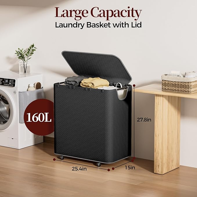LAMU 160L Laundry Hamper with Wheels, Black Rolling Laundry Basket with Lid and 3 Removable Laundry Bag, Large Capacity 3 Section Dirty Clothes Hampers for Laundry Room, Bedroom, Bathroom, Dorm