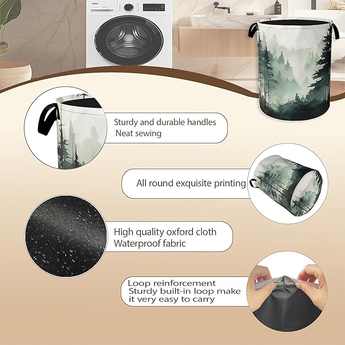Foggy Forest Mountain Laundry Hamper,Watercolor Tree Clothes Hamper for Laundry,Waterproof Oxford Toy Storage Collapsible Hampers for Bedroom, Dorm Room,Bathroom,16x20 Inch