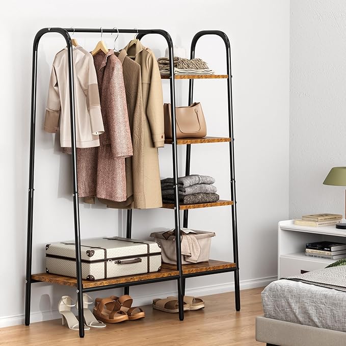 SogesHome Free Standing Clothing Rack, Standing Coat Rack Garment Racks with 3-Tier Storage Shelves for Bedroom, Entryway, Vintage Brown