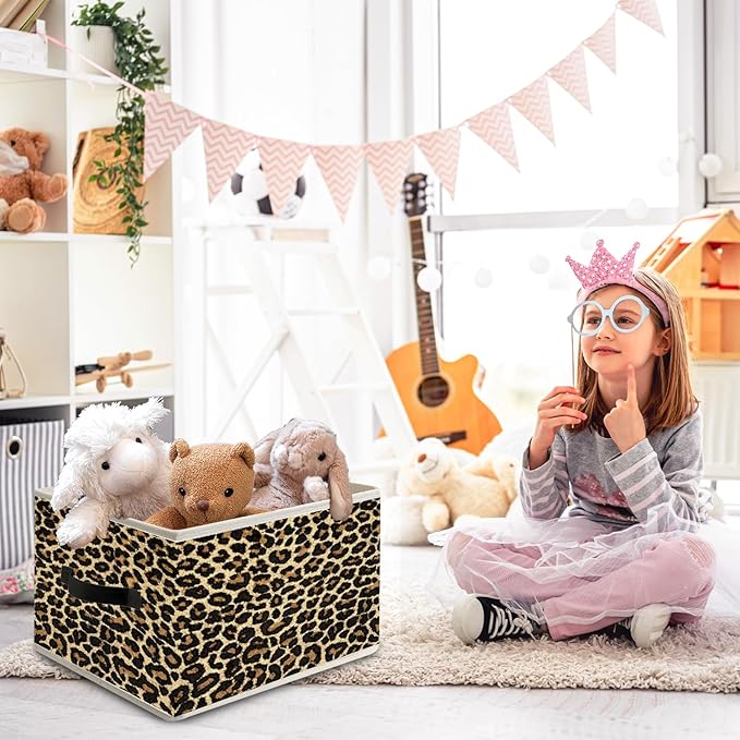 Brown Leopard Print Storage Bin Box with Handles, Cheetah Room Decor, Girly Y2k Wild Western Cheetah Foldable Organizer Basket Toybox for Girls Dorm Bedroom Bathroom Clothes Toys Books