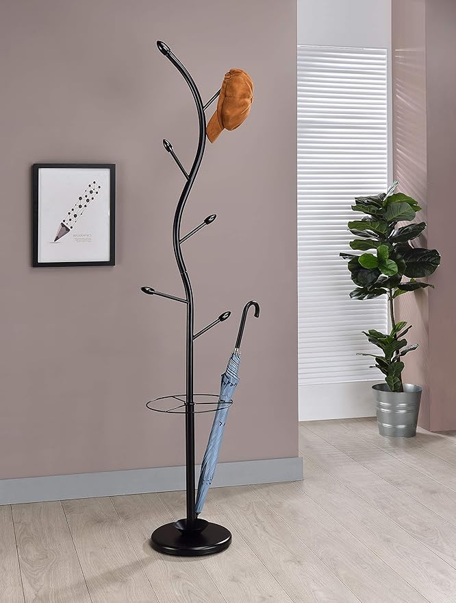 KB Designs - Entryway Hall Tree Coat Hat Rack and Umbrella Stand, Black