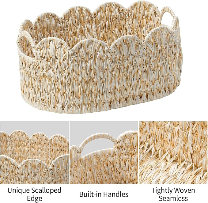 Wicker Scalloped Basket Set of 2,Woven Storage Baskets for Shelves,Closet,Laundry,Gifts,Towels,Books,Toys,Waterproof Boho Decor Basket for Organizing