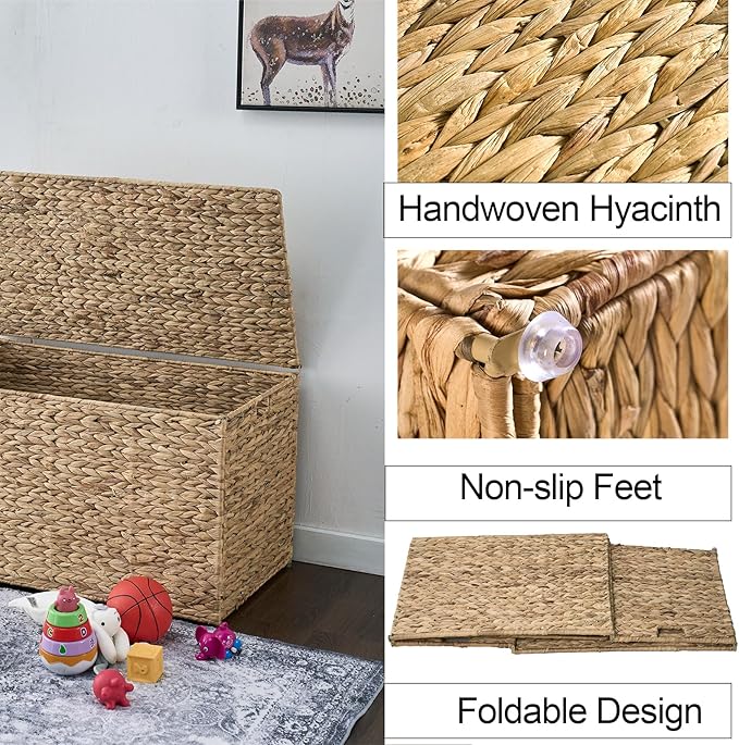 Water Hyacinth Storage Basket with Lid, 52.8 Gallon (200L) Wicker Storage Trunk with Handles, Handwoven Large Wicker Storage Basket for Blanket, Foldable, for Living Room, Bedroom, Natural