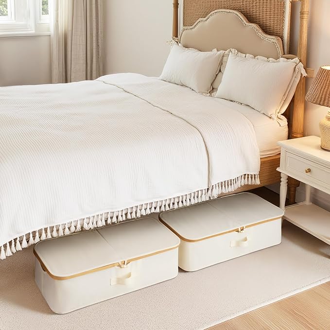 StorageWorks 2-Pack Underbed Storage Box with Bamboo Frame, 42L Flip-Top Under Bed Container for Blankets, Bed Sheets, Coverlets and Towels, Beige
