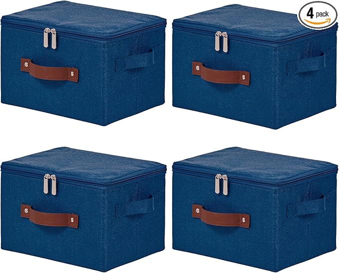 4 Pack Storage Bins with Zipper Lid Cotton Linen Fabric Lidded Storage Baskets Boxes Foldable Washable Closet Shelf Clothes Organizer Container with PU Leather Handles (Deep Blue, Small)