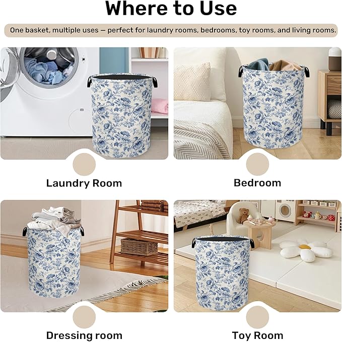 Beige Navy Blue Floral Laundry Basket with Handles - Extra Large Foldable Hamper for Bathroom/Laundry/Bedroom/Dorm, Washable Fabric Storage Bin