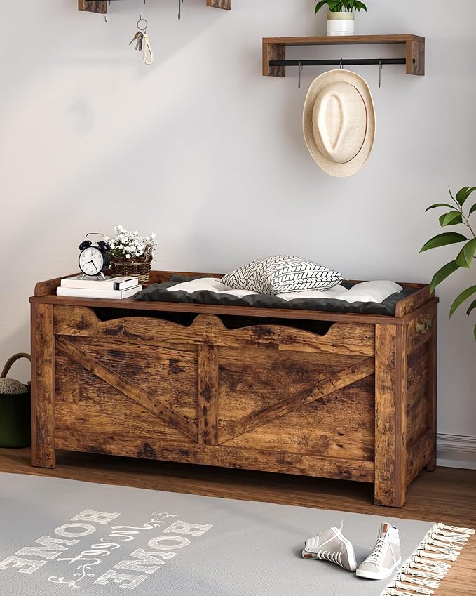 39.4" Storage Chest, Extra Large Storage Trunk with 2 Hinges, Wooden Box Bench, Lift-Top Organizer Chest, Shoe Bench for Entryway, Bedroom, Living Room, Rustic Brown SB04501X