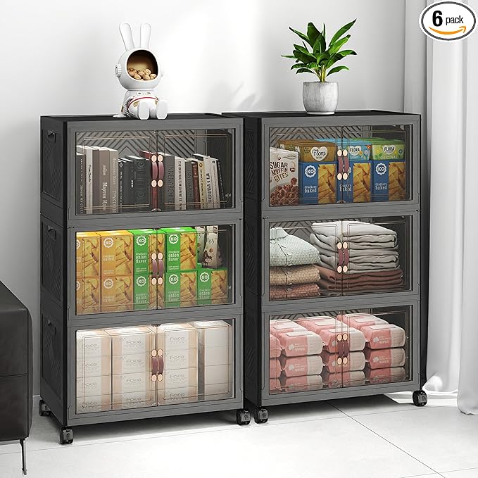 Extra Large Stackable Storage Bins, Lockable Storage Bins with Lids, Folding Storage box with Doors and Wheels, Collapsible Plastic Drawers for Home, Garage, Office (6, Black, Medium)