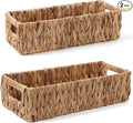 Wicker Storage Baskets with Handle Water Hyacinth Basket for Organizing Decorative Storage Bins for Countertop Toilet Tank Boho Rectangular Home Organizer (Natural, Set of 2)