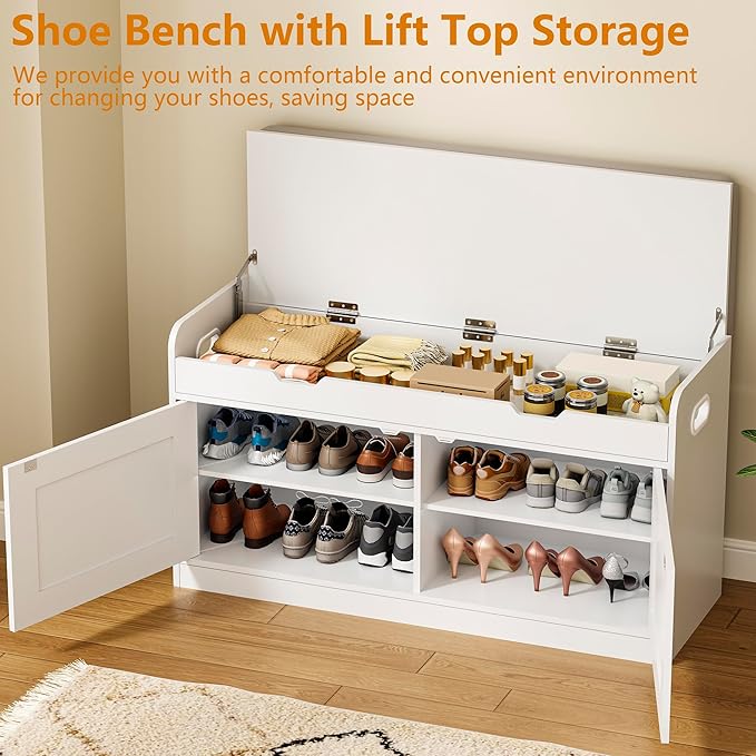 2-Tier Storage Bench, 39.4" Wide Shoe Bench with Lift-Up Top, Shoe Storage Bench with Cushion, Shoe Cabinet with Handleless Doors and Adjustable Shelf for Entryway, Bedroom, White KHD02W