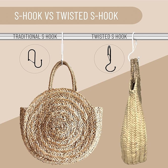 6 Purse Hanger for Closet. Tote Hanger. S-Shaped Hooks S Hooks Twist Design. Anti Drop S-Shaped Hook for Hanging Handbags with Safety Buckle to Prevent Falls. Heavy Duty. (White, Twisted)