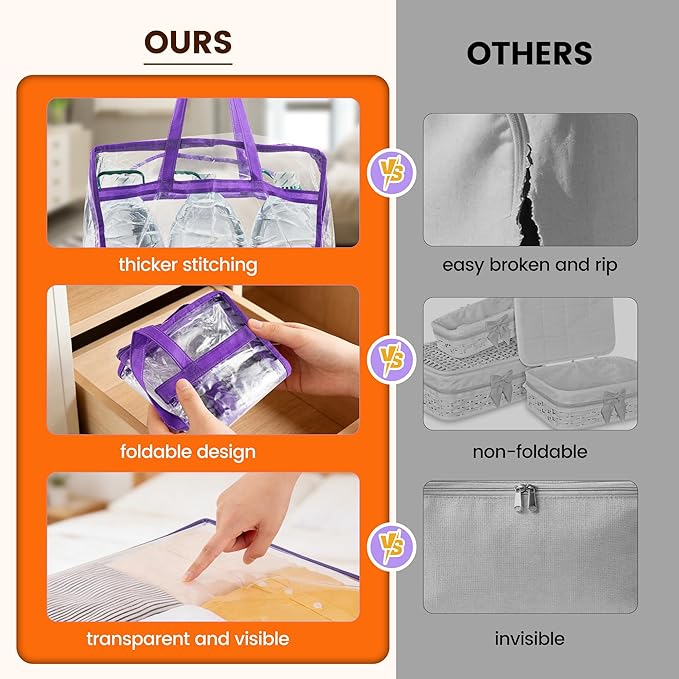 6 Pack Clear Clothes Storage Bags, Double Zipper Design 40L Underbed Moving Bags for Blankets and Clothes, Large Capacity Closet Organizers and Storage for Dormitory, Bedroom, Closet-Purple