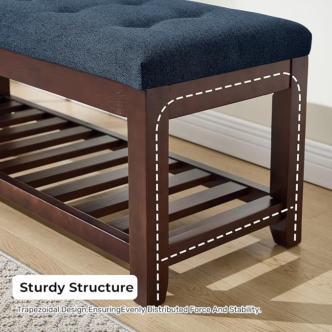 Shoe Bench Entryway, 44" End of Bed Bench,Upholstered Linen Bench for Living Room,Fabric Ottoman Bench with Solid Wood Shelf for Bedroom, Entrance Darkblue
