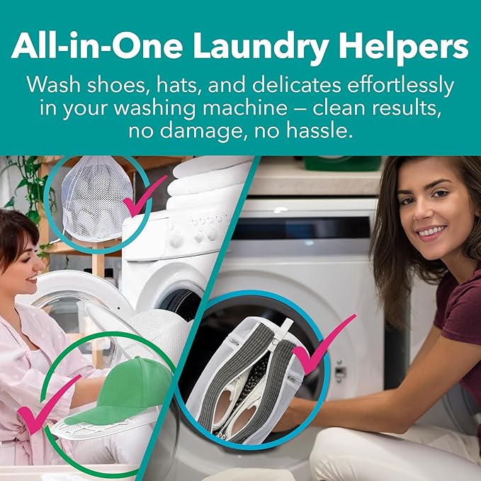 Hat Washer Cage Set – Baseball Cap Washer for Washing Machine or Dishwasher, Protects Flat & Curved Hats, 1 Pack White + Shoe Washing Machine Bag (Grey) & Mesh Laundry Bag