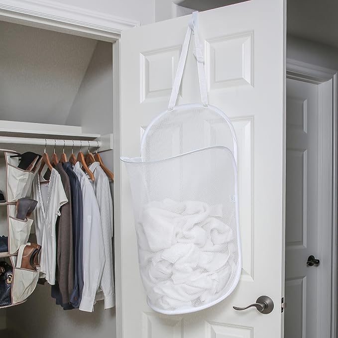 Smart Design Deluxe Mesh Over The Door Pop Up Hamper w/ Hook & Adjustable Strap - VentilAir Mesh Material - for Laundry & Clothes - Home - (Holds 3 Loads) (17 x 28 Inch) [White]