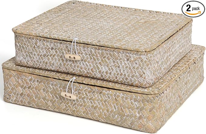 Flat Wicker Shelf Baskets with Lid, Seagrass Woven Basket Boxes for Storage Basket Bins Multipurpose Home Decor Organizer (Whitewash Set of 2)