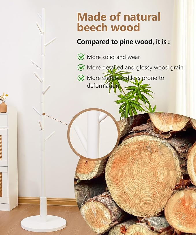 Standing Coat Rack,Wooden Coat Rack Stand with 9 Hooks and 3 Height Adjustable,Beech Wood Tree Coat for Bedroom,Office,Entryway (White)